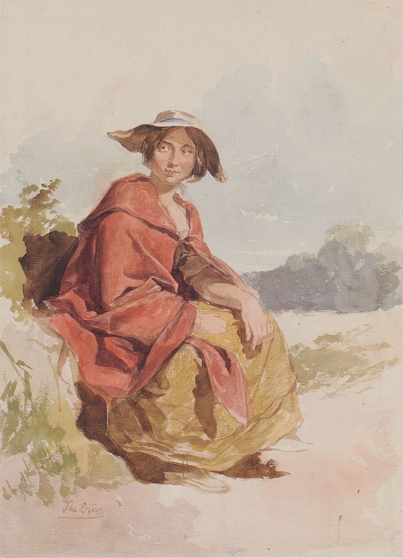 Thomas Ender - Sitzende mit rotem Umhang in Landschaft - ca1830.jpeg