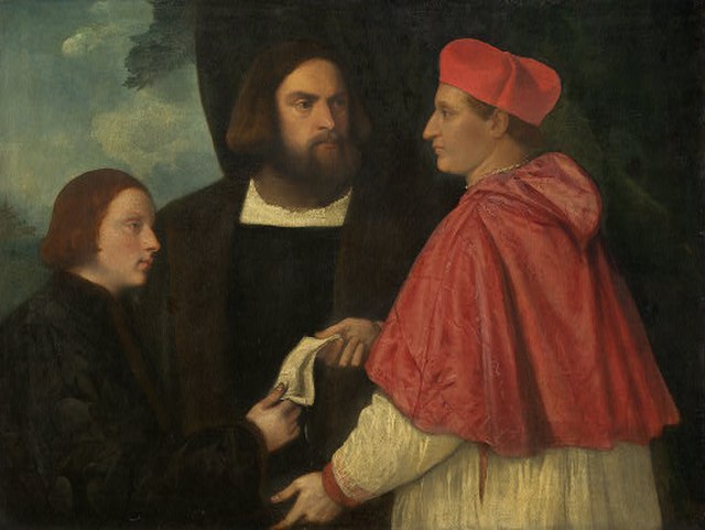 Girolamo and cardinal Marco Corner investing Marco, abbot of Carrara, with his benefice. Titian, c. 1520
