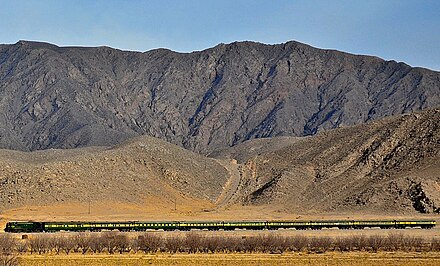 Train between Zahedan and Quetta through a valley, past scenic mountains