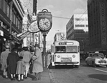 Trolleybus operating Route 2 (West Queen Anne) in downtown Seattle, 1953 Trolley bus in downtown Seattle, 1953.jpg