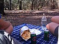 Two people having a picnic in the Australian bush with Victoria Bitter beer cans and a packet of chips