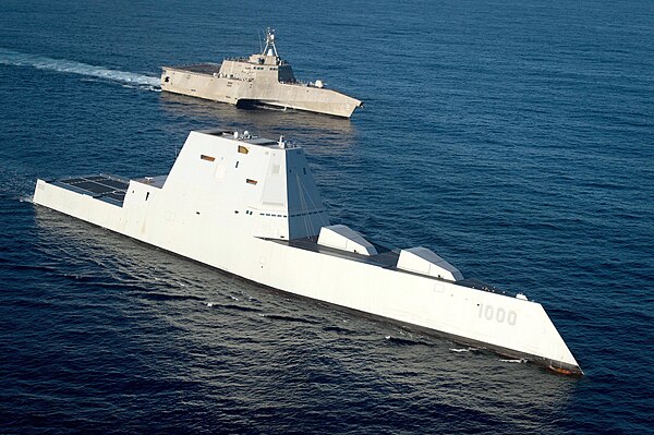 The destroyers of the US Navy's Zumwalt-class, pictured here sailing with a Littoral combat ship (LCS) are the longest and heaviest destroyers current