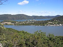 The village of Mooney Mooney and Peat Island, as viewed from the top of Spectacle Island in the Hawkesbury River