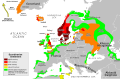 Wilayah pemukiman Viking pada abad ke-8 (merah tua), ke-9 (merah), ke-10 (jingga) dan ke-11 (kuning), serta wilayah yang sering diserang oleh Viking (hijau)