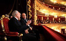 With Vladimir Putin at the Bolshoi Theatre in Moscow,20 June 2017. Vladimir Putin and Michel Temer (2017-06-20) 04.jpg