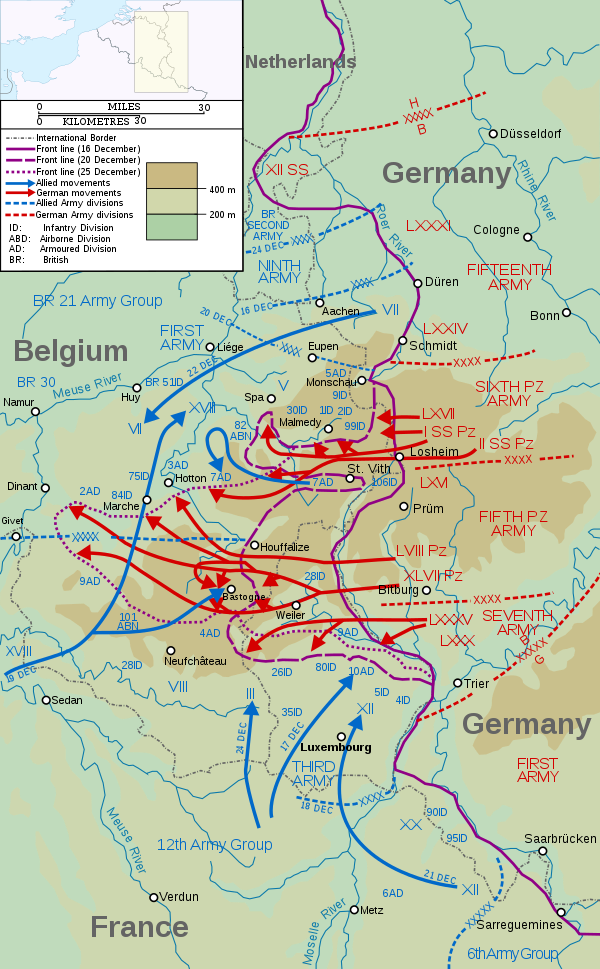 Map showing the swelling of "the Bulge" as the German offensive progressed creating the nose-like salient during 16–25 December 1944. .mw-parser-output .legend{page-break-inside:avoid;break-inside:avoid-column}.mw-parser-output .legend-color{display:inline-block;min-width:1.25em;height:1.25em;line-height:1.25;margin:1px 0;text-align:center;border:1px solid black;background-color:transparent;color:black}.mw-parser-output .legend-text{}  Front line, 16 December   Front line, 20 December   Front line, 25 December   Allied movements   German movements