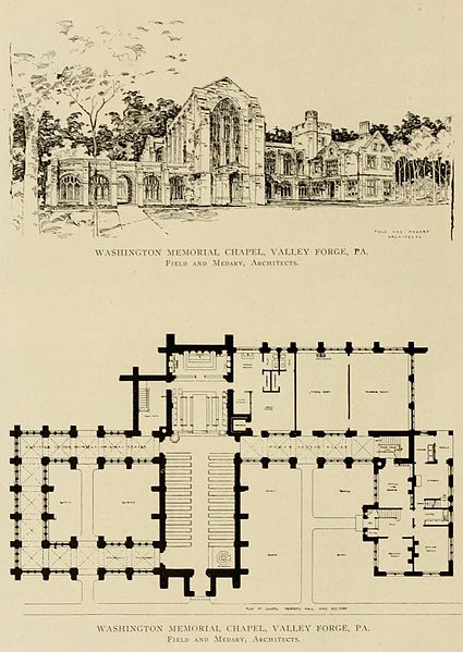 Perspective & plan of Washington Memorial Chapel (1908), Valley Forge, Pennsylvania