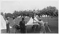 A Dakota elder, Waukon-you-you (George Crooks Sr.), demonstrates a bow and arrow at the school in 1940