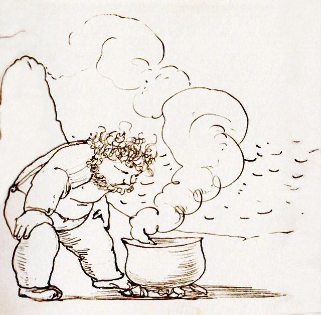 Tolkien based details such as the trolls' tiredness with mutton on William Morris's travels in Iceland. Drawing of Morris cooking in Iceland c. 1870 b