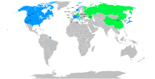 Map of Winter Olympics locations with countries that have hosted one Winter Olympics shaded in green and countries that have hosted two or more are shaded blue Winter olympics all cities.svg