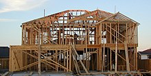 Modern framers in the United States specialize in erecting wood structures using the platform framing method Wood-framed house.jpg