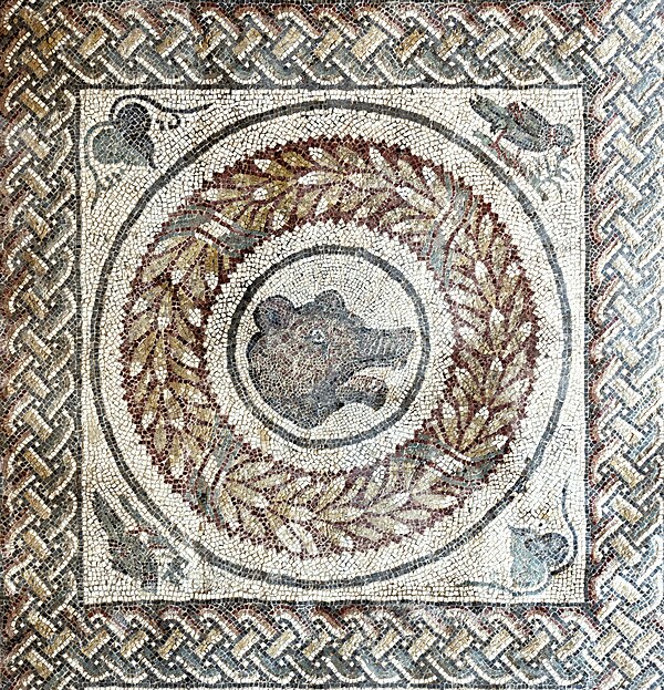 Roman interlaces on a mosaic floor, Villa Romana del Casale, near Piazza Armerina, Italy, unknown architect, early 4th century