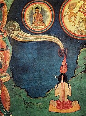 A section of the Northern wall mural at the Lukhang Temple depicting both Tummo (inner fire) and Phowa (transference of consciousness) Praktika tummo.jpg