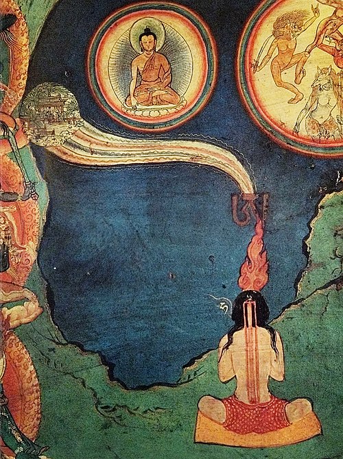 A section of the Northern wall mural at the Lukhang Temple depicting both Tummo (inner fire) and Phowa (transference of consciousness)