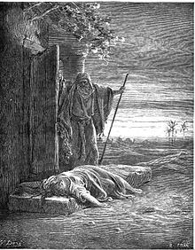 L'israelita scopre la sua concubina morta sulla soglia di casa – di Gustave Doré