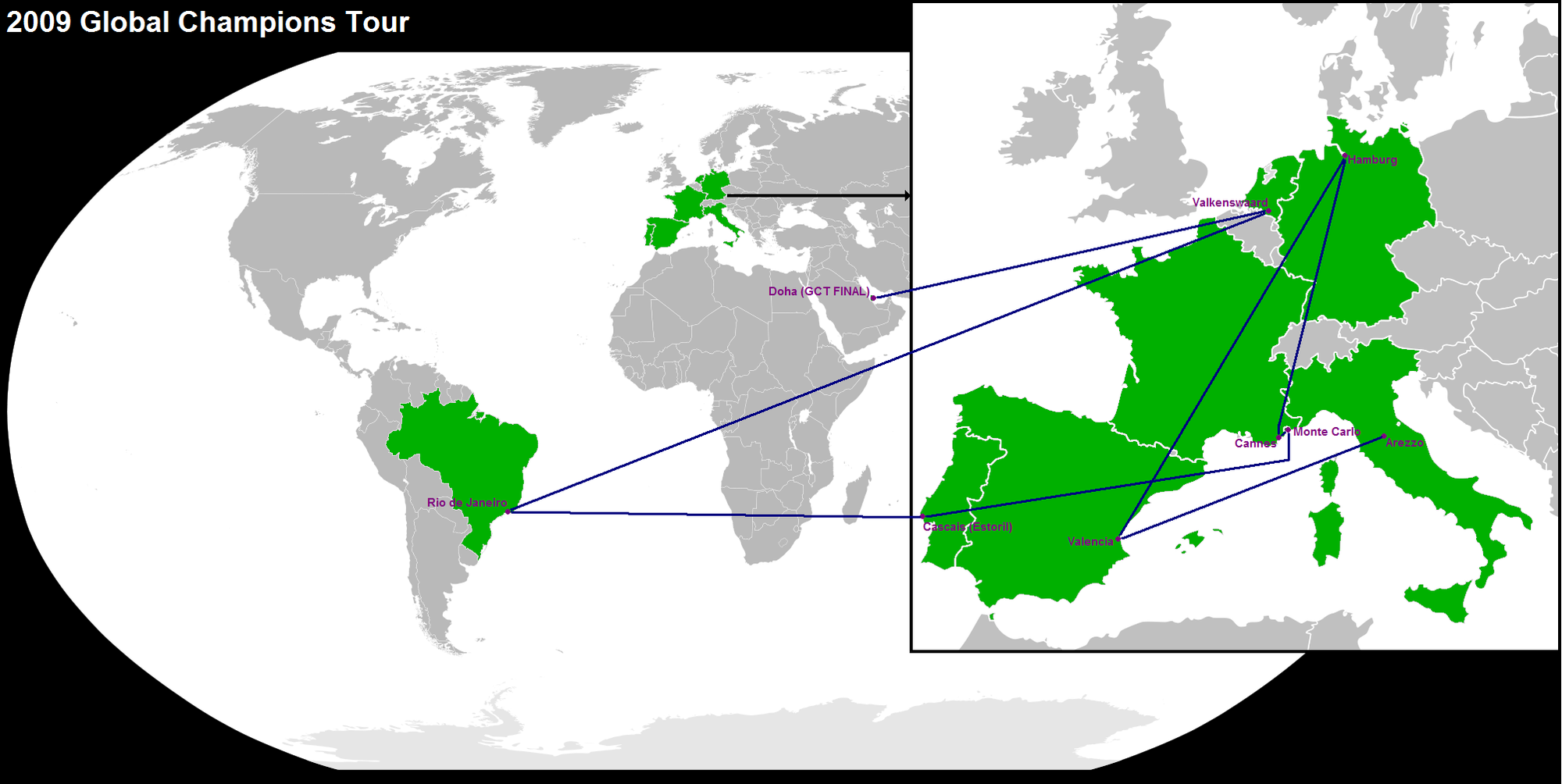 competitions of the 2009 Global Champions Tour 2009 Global Champions Tour map.PNG