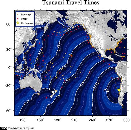 Estimated time needed for tsunami waves to reach certain points of the Pacific Ocean