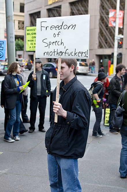 Freedom of speech sign held by a demonstrator at a protest in San Francisco, California