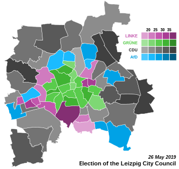 Winning party by locality in the 2019 city council election 2019 Leipzig City Council election - Ortsteile.svg