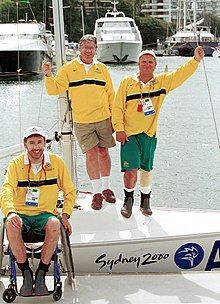 Australian sailors Jamie Dunross (seen left), Noel Robins and Graeme Martin at Sydney Harbout with their boat during the 2000 Summer Paralympics 231000 - Sailing Jamie Dunross Noel Robins Graeme Martin portrait 2 - 3b - 2000 Sydney candid photo.jpg