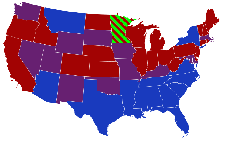 Senators' party membership by state at the opening of the 71st Congress in March 1929. One of Pennsylvania's seats remained vacant until December 1929. The green stripes denote Farmer-Labor Senator Henrik Shipstead. .mw-parser-output .legend{page-break-inside:avoid;break-inside:avoid-column}.mw-parser-output .legend-color{display:inline-block;min-width:1.25em;height:1.25em;line-height:1.25;margin:1px 0;text-align:center;border:1px solid black;background-color:transparent;color:black}.mw-parser-output .legend-text{}  2 Democrats   1 Democrat and 1 Republican   2 Republicans