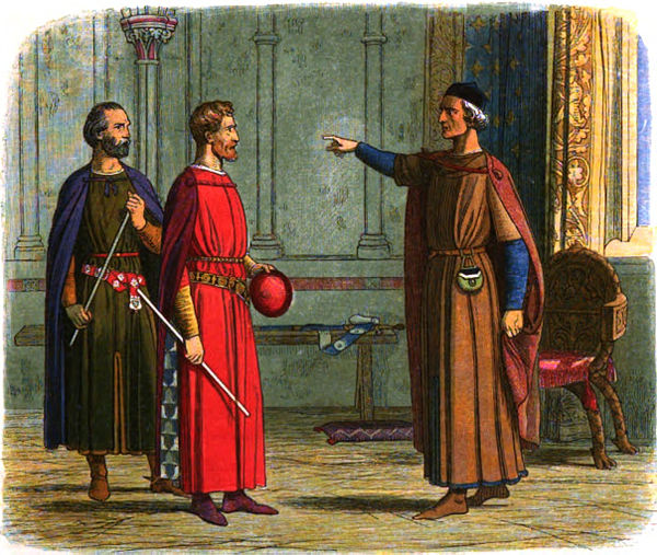 Bohun and Bigod confront King Edward. Early 20th-century imaginary illustration