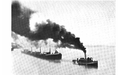 A tugboat tows a large barge, from Curwood's 1909 The Great Lakes -ai.png