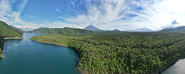 Aerial panorama of Mount Fuji from Lake Saiko, June 2023