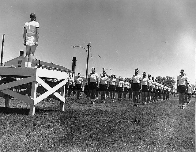 Cadets from the first Air Force Academy class lined up for physical training at Lowry AFB in 1955.