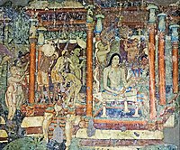 Sibi Jataka: le roi subit les rituels traditionnels des renonceurs. Il reçoit un bain de cérémonie[106]. [107]