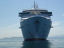 Arcadia Cruise Ship in Dún Laoghaire Harbour. The town is visible in the background.