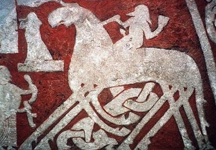 Detail of Odin entering Valhalla riding on Sleipnir from the Tjängvide image stone.