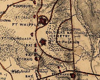 Arlington Estate in 1865, shortly after the creation of Arlington National Cemetery. Arlington Ridge Road runs vertically through the center-right. Arlington National Cemetery map - 1865.jpg