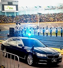 The official state car for the governor-general of Jamaica is a BMW 740Li, featuring a license plate bearing the Crown Arrival TMHGG IMG-1264.jpg