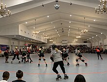 Atlanta Dirty South Derby plays the River City Roller Derby at the Yaarab Shrine in Midtown Atlanta on March 4, 2023. Atlanta Dirty South Derby vs River City on March 4, 2023.jpg