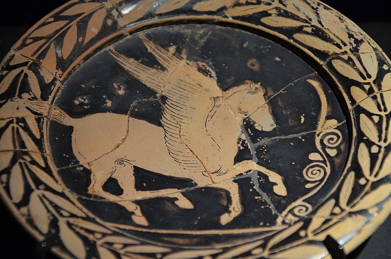 File:Attic plate with Pegasus, from Greece, 420 BC, Monsters. Fantastic Creatures of Fear and Myth Exhibition, Palazzo Massimo alle Terme, Rome (12836573795).jpg