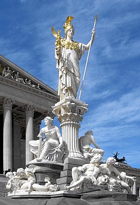 Statue of Pallas Athena in front of the Austrian Parliament Building. Athena has been used throughout Western history as a symbol of freedom and democracy. Austria Parlament Athena bw.jpg