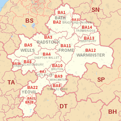 BA postcode area map, showing postcode districts, post towns and neighbouring postcode areas.