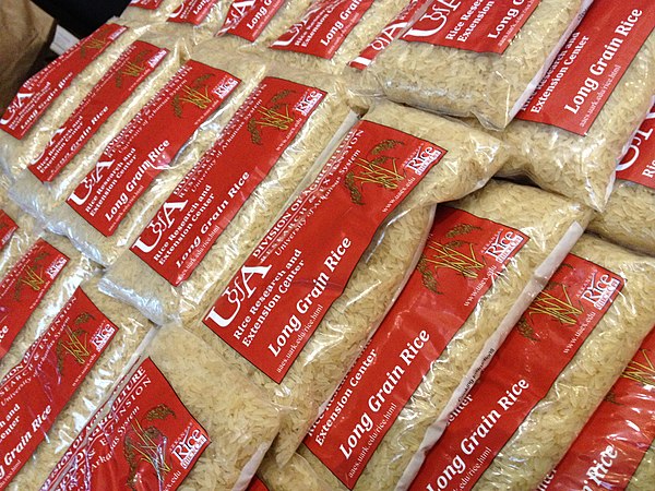 Bags of long grain rice from the UA Division of Agriculture Research and Extension - Rice Research and Extension Center