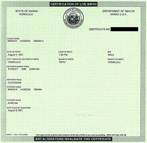 Scanned image of Barack Obama's birth certificate released by his presidential campaign in June 2008