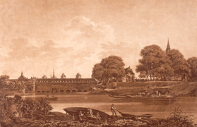 Ein Bild der stromaufwärts gelegenen Seite des Staudamms von 1750