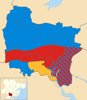 Map of the results of the 2002 Basildon council election. Conservatives in blue, Labour in red and Liberal Democrats in yellow. Basildon UK local election 2002 map.svg