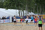 Deutsch: Beachhandball Europameisterschaften 2019 (Beach handball Euro); Tag 3: 4. Juli 2019 – Männer, Hauptrunde Gruppe I, Dänemark-Spanien 2:0 (23:20, 29:22) English: Beach handball Euro; Day 3: 4 July 2019 – Men Main Round Group I – Denmark-Spain 2:0 (23:20, 29:22)