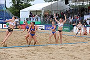 Deutsch: Beachhandball Europameisterschaften 2019 (Beach handball Euro); Tag 5: 6. Juli 2019 – Frauen, Halbfinale, Ungarn-Niederlande 2:0 (19:16, 15:12) English: Beach handball Euro; Day 5: 6 July 2019 – Semifinal Women – Hungary-Netherlands 2:0 (19:16, 15:12)