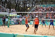 Deutsch: Beachvolleyball bei den Olympischen Jugendspielen 2018; Tag 11, 17. Oktober 2018; Jungen,Finale – Niederlande (Matthew Immers/Yorick de Groot)-Schweden (David Åhman/Jonatan Hellvig) 0:2 (20–22/15–21) English: Beach volleyball at the 2018 Summer Youth Olympics at 17 October 2018 – Final – Netherlands (Matthew Immers/Yorick de Groot)-Sweden (David Åhman/Jonatan Hellvig) 0:2 (20–22/15–21)