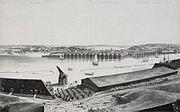 Örlogsvarvets områden på Skeppsholmen (närmast) och Djurgården ca 1850. Litografi av Carl Johan Billmark.