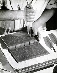 Example of blind tooling a book binding with exquisite detail Blind tooling-Craft Horizons 1949.jpg