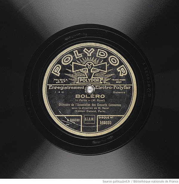 Ravel's Boléro, Lamoureux Orchestra, directed by Ravel himself, 1930 12" shellac disc label