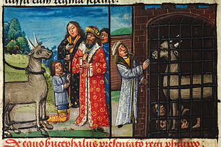 Bucephalus being presented to Philip; Bucephalus in a cage with the remains of condemned criminals