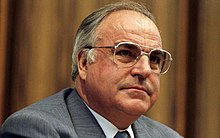 Helmut Kohl became the first chancellor of a reunified Germany. Bundesarchiv B 145 Bild-F074398-0021, Bonn, Pressekonferenz Bundestagswahlkampf, Kohl.jpg